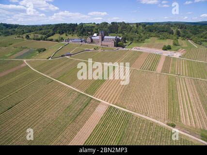 12 mai 2020, Hessen, Rüdesheim am Rhein : des vignobles entourent l'abbaye de Saint Hildegard dans le Rheingau (vue aérienne avec un drone). Dans les prochains jours, le temps devrait redécouvrir son côté estival avec des températures supérieures à 20 degrés Celsius. Photo : Boris Roessler/dpa/Boris Roessler/dpa Banque D'Images