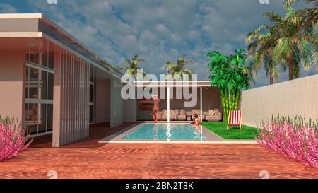 Maison moderne, architecture, deuxième projet de maison. Villa avec piscine. Verrouiller le coronavirus. Vie en plein air, jardin. Séjour avec grandes fenêtres. Banque D'Images