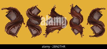 Barre de chocolat avec éclaboussures et liquide de chocolat. Morceaux de chocolat, avec des gouttes. illustration 3d. Banque D'Images