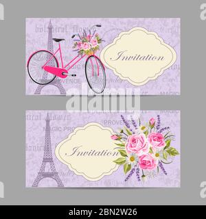 Jeu de bannières horizontales. Vélo rose avec tour Eiffel et fleurs. Arrière-plan carte postale vintage. Illustration de Vecteur