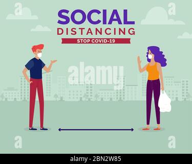 Illustration vectorielle du concept de distanciation sociale. Un homme et une femme qui garetent une distance sécuritaire pour combattre le coronavirus. Arrêter Covid-19 Illustration de Vecteur
