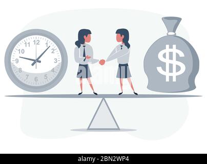 Les partenaires commerciaux qui se secouent la main comme symbole de l'unité. Les gens d'affaires se tiennent sur la mer entre l'horloge et l'argent. Illustration de Vecteur
