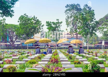 Kanchanaburi THAÏLANDE - 21 FÉVRIER : les travailleurs non identifiés rénovent et décorent des fleurs au cimetière militaire allié de Kanchanaburi le 21 février 2020 à Ka Banque D'Images