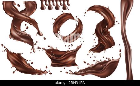 Une touche 3D réaliste pour le chocolat. Chocolat noir torsadé avec goutte sur fond blanc. Définir l'illustration Banque D'Images