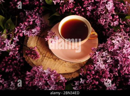 Vue de dessus d'une tasse rose avec café placé sur une tranche de tronc d'arbre. Boisson chaude sur morceau de bois entouré de lilas pourpres. Photo horizontale. Banque D'Images