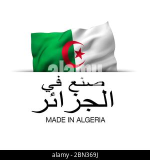 Fabriqué en Algérie écrit en langue arabe. Étiquette de garantie avec un drapeau algérien agitant. Illustration 3D. Banque D'Images