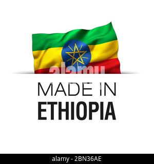 Fabriqué en Ethiopie - étiquette de garantie avec un drapeau éthiopien agitant. Illustration 3D. Banque D'Images