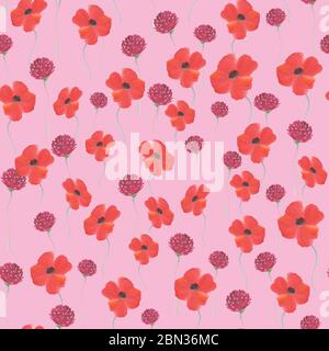 Bouquet de coquelicots et trèfle dessiné à la main. Motif fleuri sans coutures. Banque D'Images