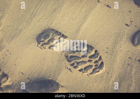Gros plan de l'empreinte isolée faite par une chaussure d'entraînement ou une chaussure de marche dans le sable de plage humide, Royaume-Uni. Banque D'Images