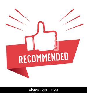 Recommander le design de l'icône. Étiquette rouge recommandée avec icône de pouce dans un design plat tendance. Illustration vectorielle Illustration de Vecteur