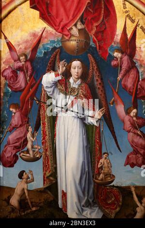 Musée Hospices de Beaune. Rogier Van Der Weyden (1399-1468) pièce à tartre polyptyque. Détails. Le dernier jugement. Archange Saint Michael peser l'âme Banque D'Images