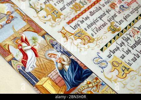 Illumination du manuscrit. Litanie de la Sainte Vierge Marie. 19 ème siècle. L'Annonciation à la Sainte Vierge Marie. Marclaz. France. Banque D'Images