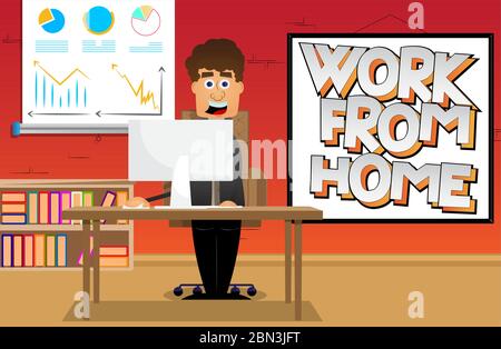 Homme travaillant dans son bureau à domicile. Illustration vectorielle de dessin animé. Homme d'affaires séjournant et travaillant de chez lui. Illustration de Vecteur