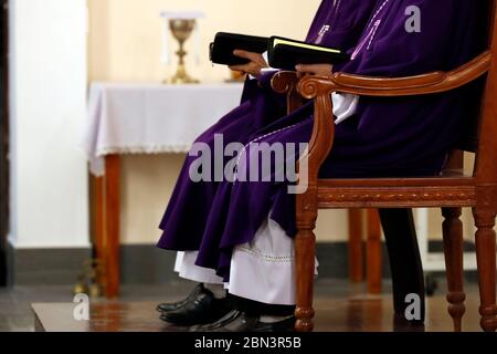 Masse catholique. Prêtres portant un chasuble romain violet. Quy Nhon. Vietnam. Banque D'Images