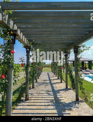 Un chemin pavé dans le jardin avec des arcades en bois couvertes de roses et de fleurs roses, des idées pour les décorations de jardin avec de beaux motifs naturels Banque D'Images