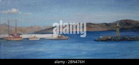 Vue sur la Crète avec montagnes et mer bleue, peinture à l'huile Banque D'Images