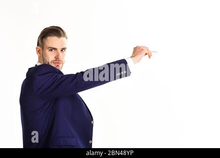 Beau homme d'affaires écrivant avec marqueur stylo dans l'air isolé sur fond blanc, idéal pour vous ajouter n'importe quel texte ou graphique Banque D'Images