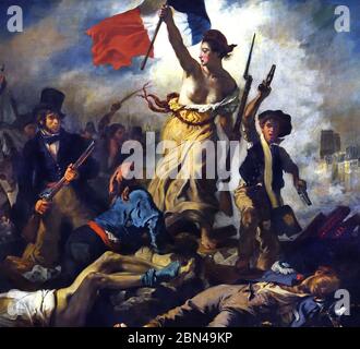 Liberté à la tête du peuple 28 juillet 1830 Eugène Delacroix 1798 - 1863, France, Français, (juillet Révolution de 1830, qui renversa le roi Charles X de France. Une femme du peuple avec une casquette de Phrygian personnifiant le concept de liberté conduit un groupe varié de personnes à avancer sur une barricade et les corps des morts, tenant le drapeau de la Révolution française ) Banque D'Images