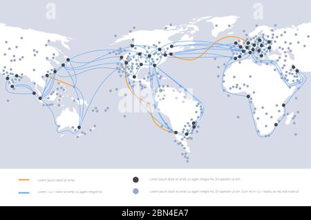 connexions de câble de réseau mondial et système de transfert d'information carte du monde technologie connexion internet télécommunications concept infographie horizontale copie espace illustration vectorielle Illustration de Vecteur