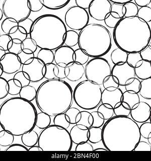 Motif abstrait sans coutures pour les bulles de grunge. Cercles noirs de tailles différentes sur fond blanc. Texture d'emballage avec des empreintes rondes placées au hasard. Illustration de Vecteur