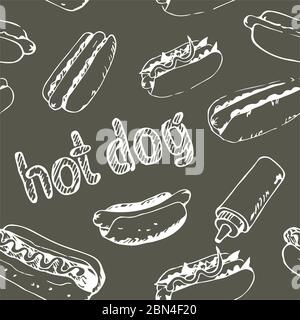 Modèle sans couture à la main avec des hot-dogs. Arrière-plan de restauration rapide. Seamless texture à partir d'ébauches de hot-dogs à la sauce, mayonnaise et légumes. Spe8 Illustration de Vecteur