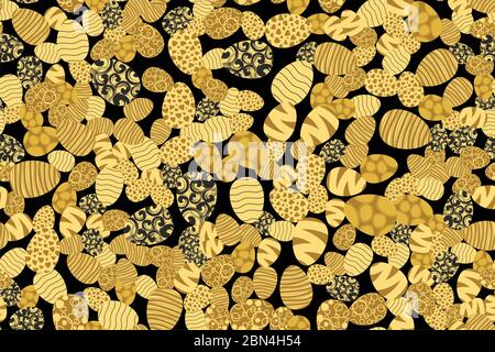 Tons dorés oeufs de pâques placés au hasard sur fond noir. Motif décoratif sans couture. Texture adaptée à l'emballage ou à la carte de vœux. Eps8 vectoriel Illustration de Vecteur