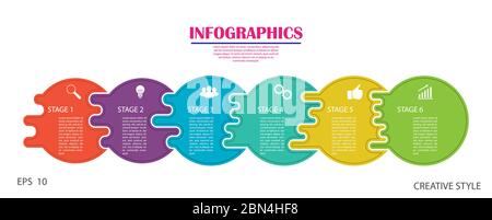 Infographies. Modèle vectoriel de stock de six étapes. Pour la conception de pages Web, les graphiques, le plan d'affaires et les finances, la création de rapports et l'aide visuelle. Dési. Plat Illustration de Vecteur