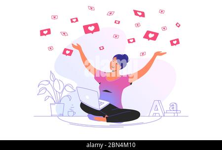 Les médias sociaux aiment et les cœurs tombent sur la femme Illustration de Vecteur