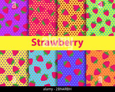 Ensemble de motifs sans couture fraise. Fraises sur fond coloré avec points dans un style pop art. Contexte des brochures, du matériel promotionnel Illustration de Vecteur