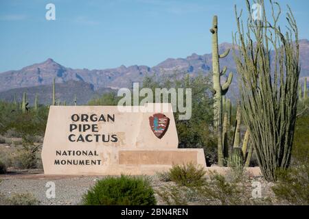 Un panneau à l'entrée sud du monument national Organ Pipe Cactus, Arizona, marque l'emplacement de la construction d'un nouveau mur frontalier. Ce secteur fait partie des efforts déployés par le Service des douanes et de la protection des frontières des États-Unis pour améliorer la sécurité frontalière et lutter contre l'immigration illégale. La construction du mur fait partie des efforts en cours pour améliorer les infrastructures frontalières. Banque D'Images