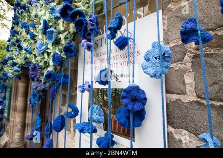 Certains des 600 coquelicots bleus fabriqués sont en place à l'extérieur de l'église Sainte Marie, sur la place du marché, Atherstone. Les coquelicots bleus sont de marquer la naissance de Florence Nightingale il y a 200 ans. Florence Nightingale a des connexions avec Atherstone (voir plus d'infos). Banque D'Images