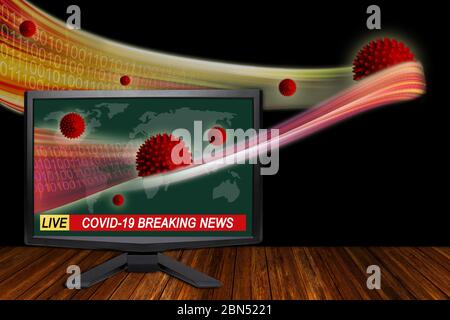 Concept d'actualités de la série Covid-19 coronavirus Breaking avec moniteur TV montrant une vague de flux de données d'information sortant de l'écran avec espace de copie. Banque D'Images