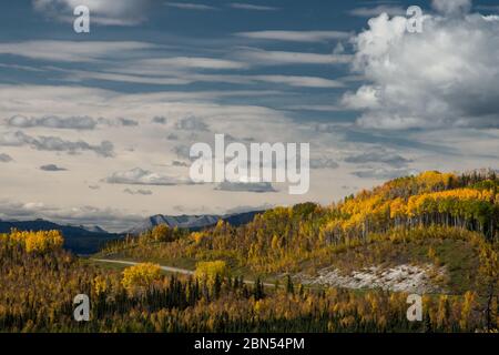 Une partie de la route de l'Alaska aux couleurs de l'automne et au ciel bleu dans le territoire du Yukon, au Canada Banque D'Images