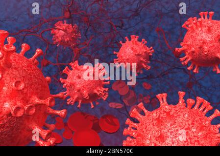 Contexte concept de nouvelles sur le nouveau coronavirus COVID-19 pandémie. Virus microscope gros plan, rendu 3d. Banque D'Images