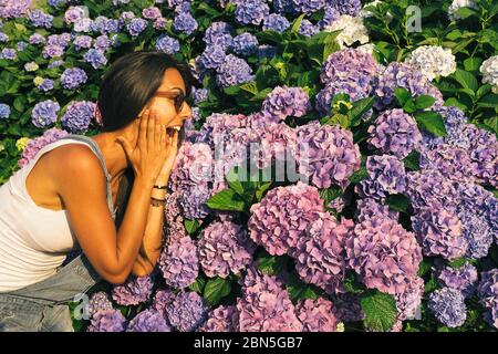Femme surprise avec des fleurs d'hortensia Banque D'Images