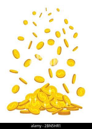 Montagne de pièces d'or automne, modèle de dessin animé plat. Tas de pieu Golden coins. Le signal de la banque de change est en vol. Des centaines d'espèces différentes pile. Illustration vectorielle isolée Illustration de Vecteur