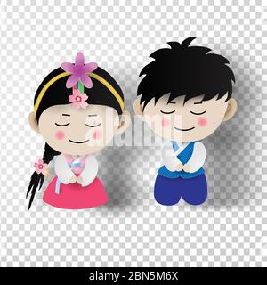Art papier de coréen traditionnel garçon et fille en costume coréen sur fond transparent.illustration vectorielle Illustration de Vecteur