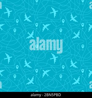 Répétition sans couture avec trajectoires de plan, points de départ et routages en pointillés. Fond de voyage bleu. Illustration vectorielle. Illustration de Vecteur