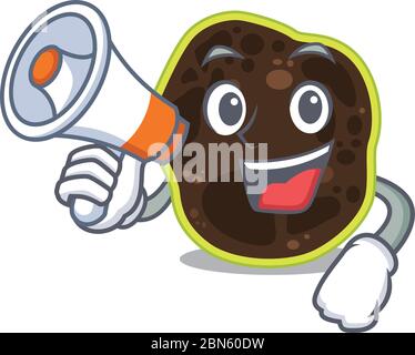 Mascotte conception de firmicutes annonçant de nouveaux produits sur un mégaphone Illustration de Vecteur
