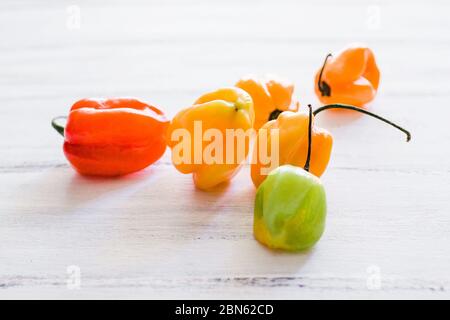 habanero, piments habaneros, piment fort mûr épicé, piments rouges plats mexicains au mexique Banque D'Images