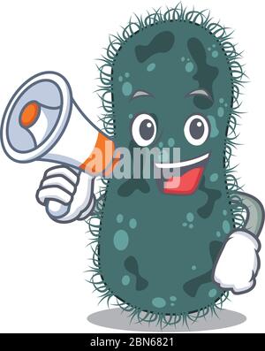 Mascotte conception de thermotogae annonçant de nouveaux produits sur un mégaphone Illustration de Vecteur