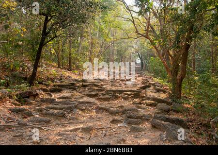 Cambodge: La pente occidentale menant au sanctuaire central au temple khmer du début du XIe siècle, au sommet d'une colline, Chau Srei Vibol (également connu sous le nom de Wat Trak), Banque D'Images