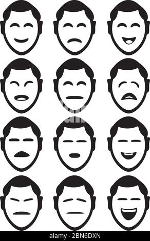 Les expressions faciales de personnage de dessin animé masculin avec différentes formes d'yeux et de bouches pour représenter divers sentiments et émotions. Ensemble de douze icônes vectorielles Illustration de Vecteur