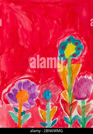 un dessin aquarelle de fleurs par une fille de 5 ans Banque D'Images
