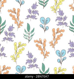 Feuillage d'arbre, branches arbustes, branches et feuilles sans couture, dessin animé de coolé dessiné exotique fond naturel, dessin à la main. Plante multicolore Illustration de Vecteur