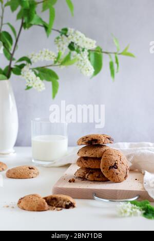 Une pile de biscuits aux pépites de chocolat avec du lait et quelques branches florissant au printemps en arrière-plan