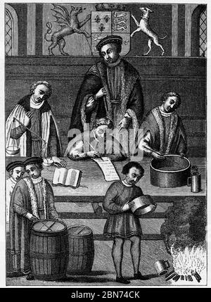 L'essai des poids et mesures à l'Échiquier, 1497. L'essai des poids et des mesures pendant le règne du roi Henri VII Banque D'Images