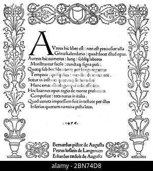 Page de titre de Kalendarium (Calendarium), 1476. Par Regiomontanus (1436-1476). Johannes Müller von Königsberg (1436-1476), mieux connu sous le nom de Regiomontanus (1436-1476), était un mathématicien, astrologue et astronome. En 1475, il a été appelé à Rome par le Pape Sixtus IV pour travailler à la réforme du calendrier. Banque D'Images