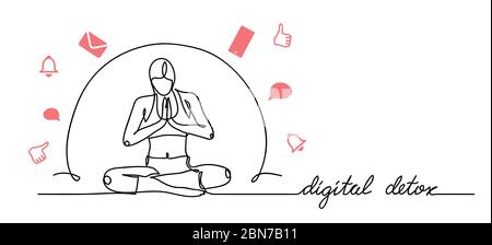 Digital Detox illustration vectorielle simple, bannière web, arrière-plan. Femme assis dans yoga relaxant pose sous le dôme de protection contre les gadgets et les sociaux Illustration de Vecteur