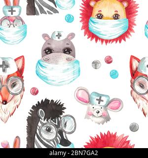 Motif sans couture Aquarelle illustration portrait d'un lion cub Zebra Bunny Fox Hippo infirmière peint à la main médecine animaux médecin clipart blanc backgro Banque D'Images